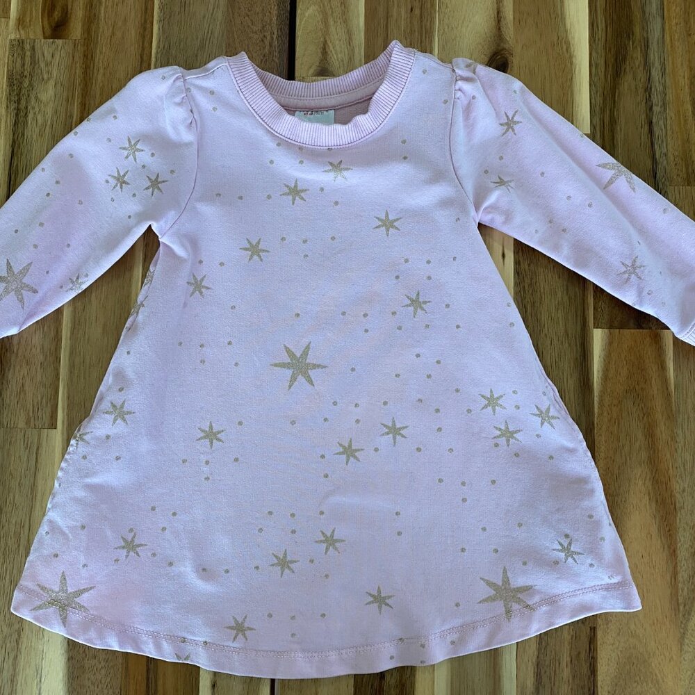 Hanna Andersson Pink Foil Printed French Terry Dress Gold Stars, Size 2T (85cm)